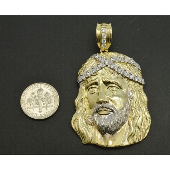 Real 10k Yellow Gold CZ 3D Big Jesus Head Pendant almost 2 .30" 8.9grams - Picture 4 of 6